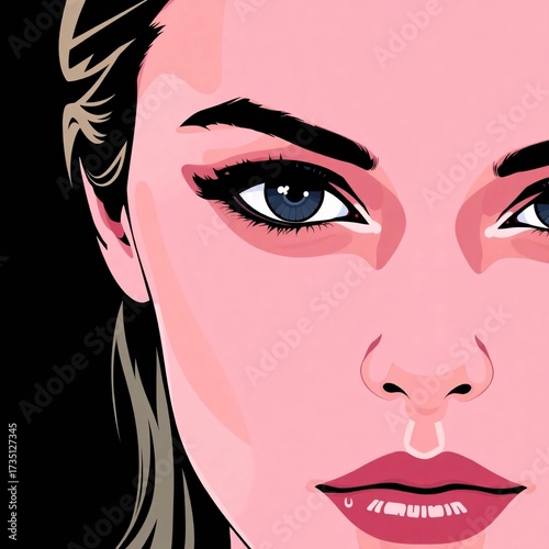 Enigmatic Gaze: A striking close-up captures a woman's face, rendered in bold, modern graphic style, her eyes hold an intriguing intensity, the composition is clean and impactful.