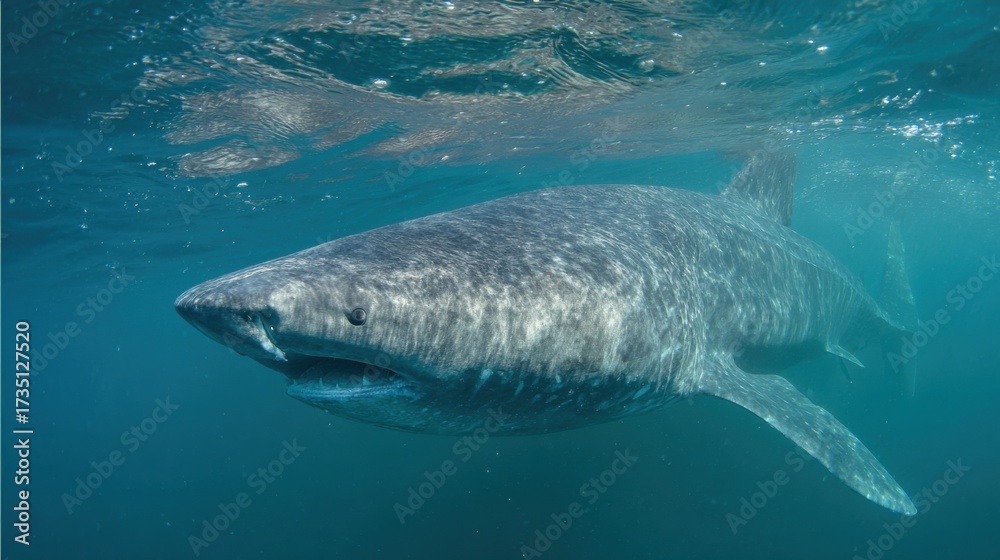Fototapeta premium A Greenland shark glides through clear, cold Arctic waters, showcasing its unique features and smooth movements. The tranquil environment enhances the underwater experience.
