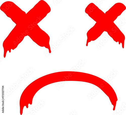 Grunge red sad face with X eyes and dripping paint effect, error and despair concept