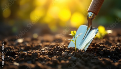 New Beginnings Close-up of a Young Seedling and Gardening Tool in Rich Soil bathed in Warm Sunlight