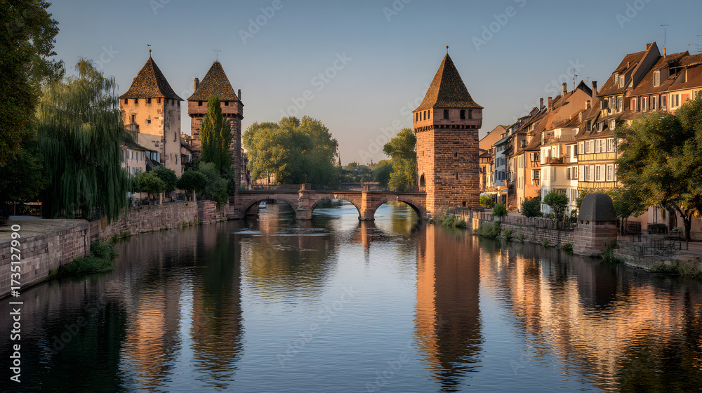 Naklejka premium Stunning Detailed Editorial Photograph of the Scenic Ponts over the Serene Waterway in a European Town at Sunrise