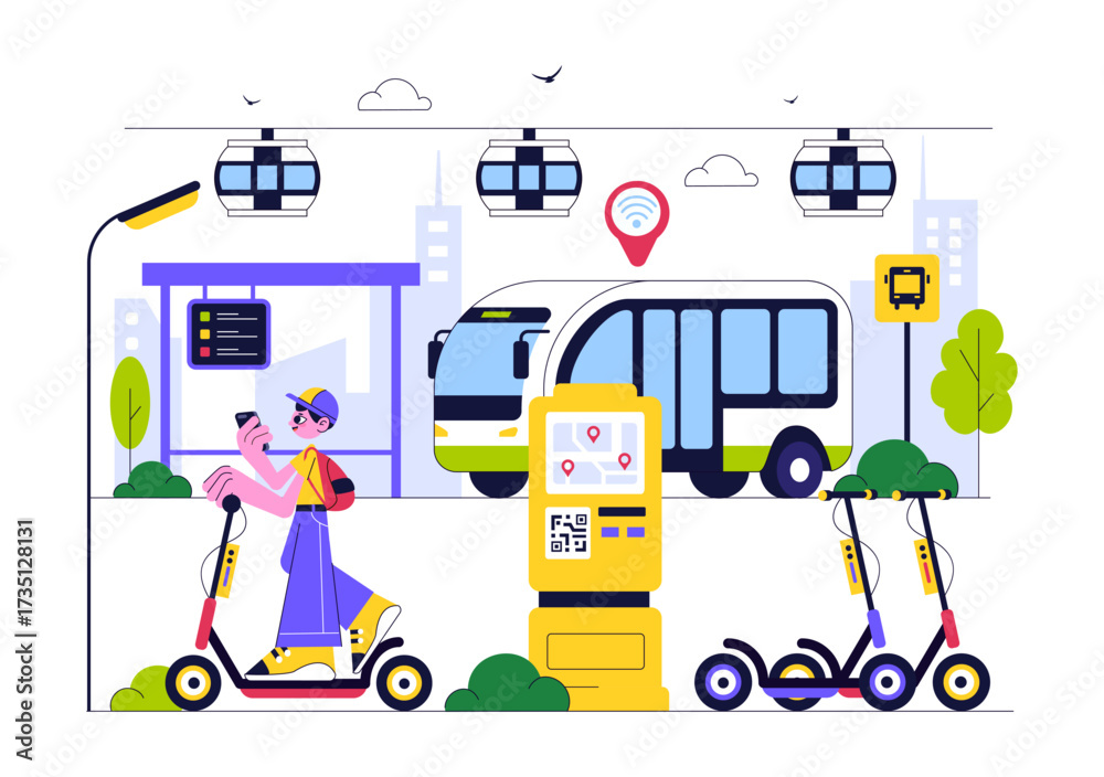 Fototapeta premium Smart Public Transport System Illustration Featuring Mobile Tracking Interface, Bus, and Urban Area GPS Map Navigation with Cloud Computing Technology
