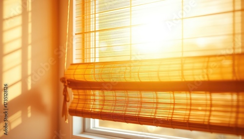 Warm Sunlight Streaming Through Woven Blinds Creates Patterns of Light and Shadow on a Room's Wall