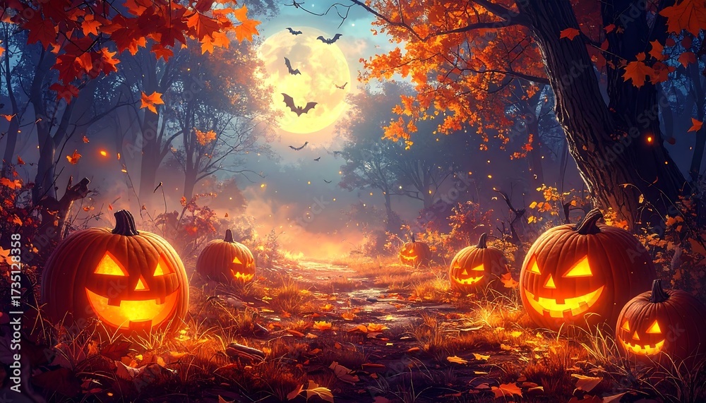 Naklejka premium Enchanted Halloween Forest Path with Glowing Jack-o'-Lanterns Under a Full Moon and Flying Bats