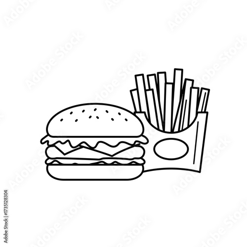 Burger with fries in black and white – fast food meal illustration