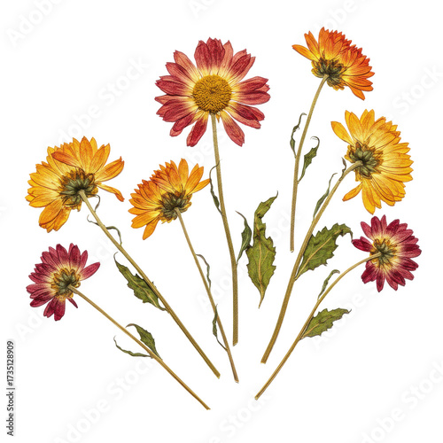 Pressed gaillardia flowers with faded colors and delicate stems arrangement isolated on white background