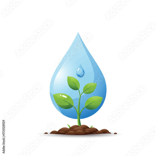 A vibrant illustration of a water droplet nurturing a small plant, symbolizing growth and environmental care.
