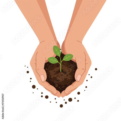 Hands holding soil with a small plant growing, symbolizing growth and environmental care.