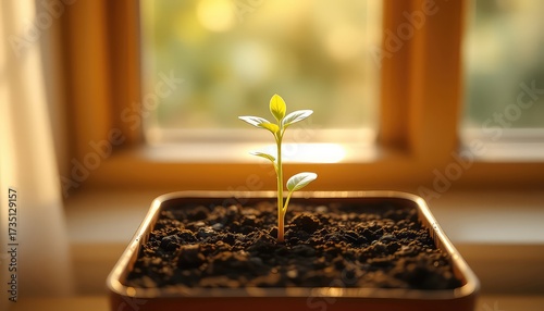 New Seedling Emerges from Soil, Embracing the Sunlight by the Window, Symbolizing Hope and Growth