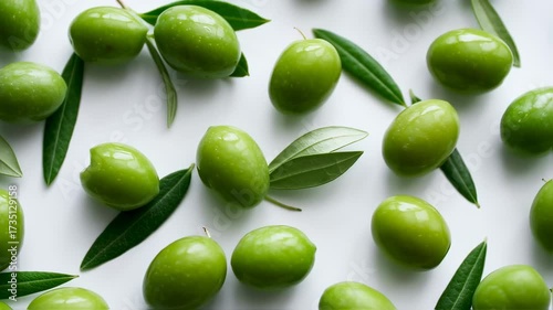Wallpaper Mural Fresh green olives with leaves on a white background Torontodigital.ca