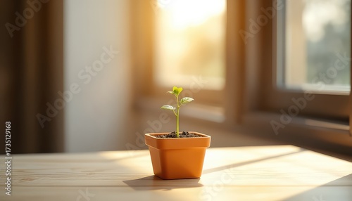 Tiny seedling in square pot, sunlight streaming, symbolizes new beginnings and potential for growth, indoors on surface