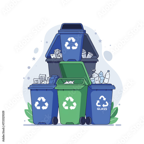 Illustration of recycling bins with paper, plastic, and glass, promoting environmental awareness.