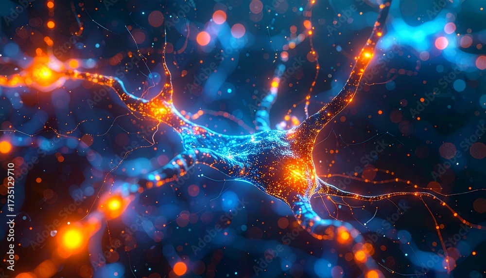 Obraz premium neurons and synapses under microscope, glowing orange and blue