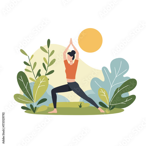 A woman practices yoga outdoors, surrounded by plants and a bright sun, promoting wellness.