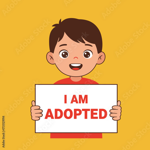 Kid holding “I am adopted” sign – adoption awareness and child welfare illustration for family and parenting