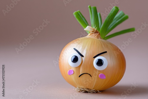 Grumpy Onion With Googly Eyes and Pink Cheeks Against Neutral Backdrop, Representing Food Humor and Healthy Eating : Generative AI