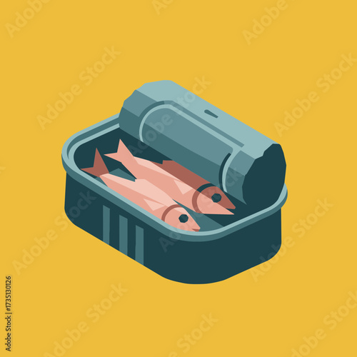 Open tin can with sardines – seafood canned food illustration for fishing, preservation, and healthy diet design