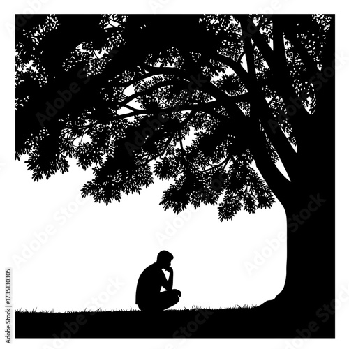 Person sitting under tree in peaceful moment – relaxation, meditation, and mindfulness illustration design