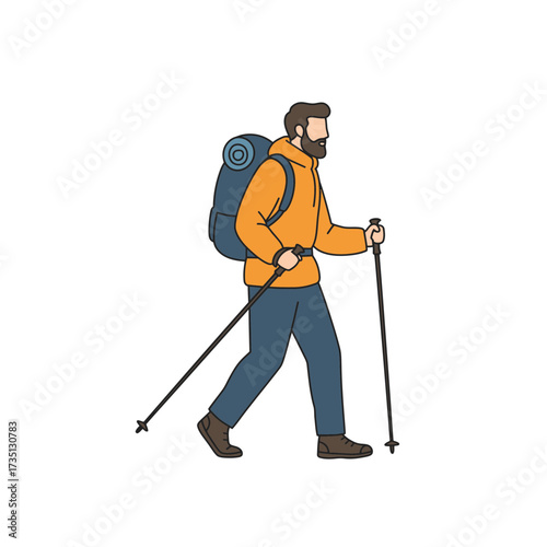 Hiker with backpack walking outdoors – adventure, trekking, and travel illustration concept for outdoor lifestyle