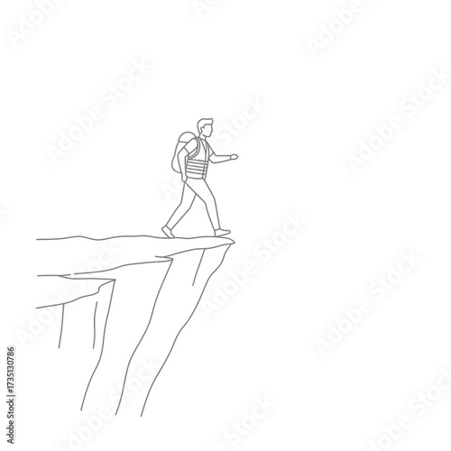 Minimalist sketch of person walking on a cliff – symbolic motivational illustration for journey, success, or challenge