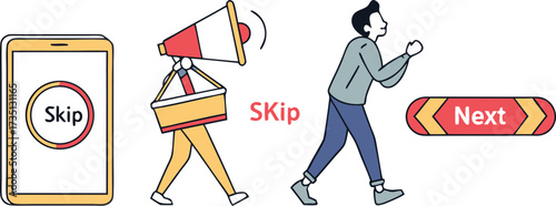 Navigating the Digital Highway: A whimsical illustration portrays modern choices, with 'Skip' and 'Next' buttons leading the way