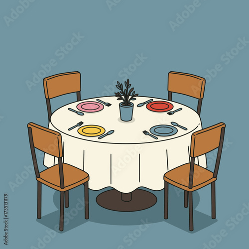 Restaurant dining table with multiple chairs flower vase and cutlery setup