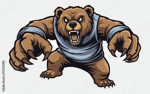 Cartoon Grizzly Bear with Angry Expression and Gray Shirt Sharp Claws.