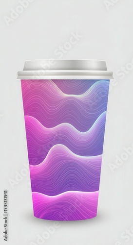 The isolated paper coffee cup showcases a striking design, its surface adorned with intricate, undulating lines in a captivating gradient of purples, pinks, and blues, against a clean