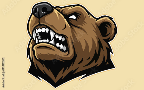 Ferocious Brown Bear Head with Sharp Teeth and Angry Expression.