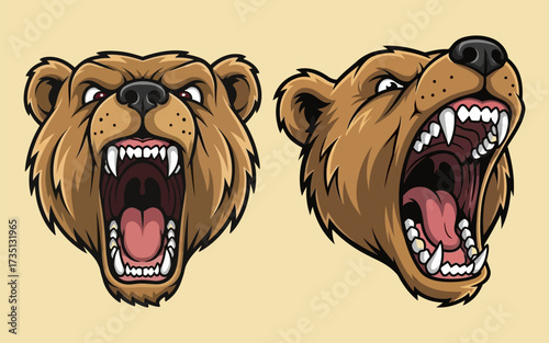 Ferocious Brown Bear Heads Roaring with Exposed Teeth and Aggressive Expressions.