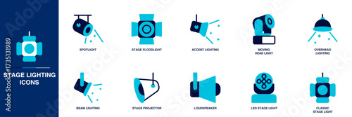 Stage Lighting Blue Colored Outline Icon Set