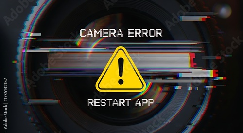 Experiencing technical difficulties with your camera app? A glitchy, glitch art style warning advises users to restart the application.