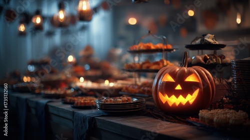 a dimly lit halloween setting featuring a glowing jackolantern amidst a festive buffet with spooky decorations and ambient lighting
