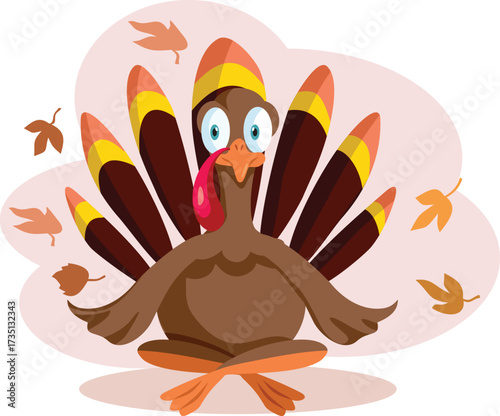 Happy Turkey Sitting in a Yoga Pose Vector Character. Cheerful domestic bird celebrating Thanksgiving and autumn 
