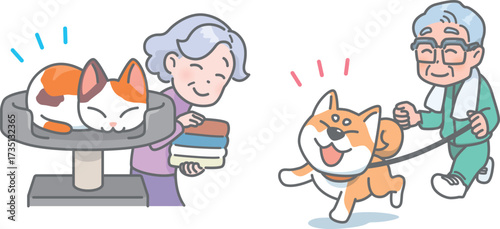 ペットと暮らして認知症予防をする高齢者のベクターイラストセット