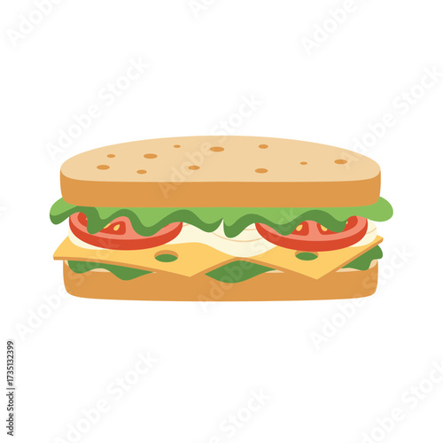 Colorful cartoon sandwich with lettuce tomato cheese and vegetables