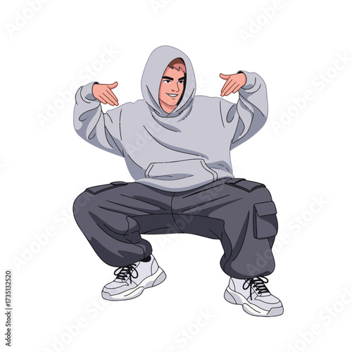 2D flat vector illustration of a gilpy teenage boy in oversized streetwear squatting low to the ground, bouncing to the rhythm with both elbows bent outward