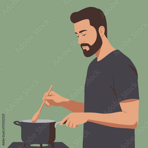 Bearded man cooking food at home kitchen with spoon and pan illustration