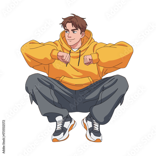 2D flat vector illustration of a gilpy teenage boy in oversized streetwear squatting low to the ground, bouncing to the rhythm with both elbows bent outward