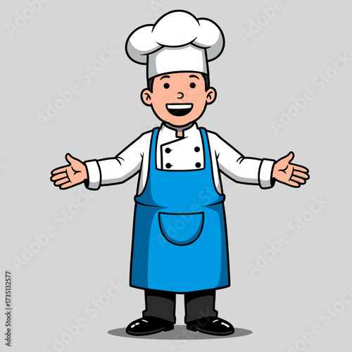 Happy chef character in uniform welcoming customers with open arms cartoon