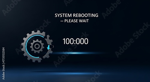 Dynamic system rebooting progress indicator with spinning gears and countdown for technological updates or software installation