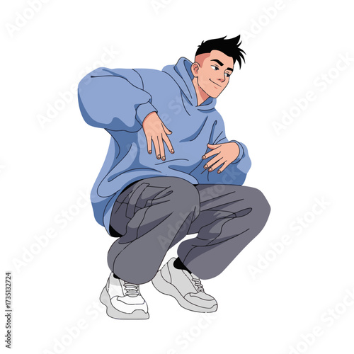 2D flat vector illustration of a gilpy teenage boy in oversized streetwear squatting low to the ground, bouncing to the rhythm with both elbows bent outward