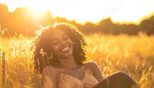 Smiling Woman in Golden Sunlight with Curly Hair in Grassy Field Wearing Beige Spaghetti Strap Top
