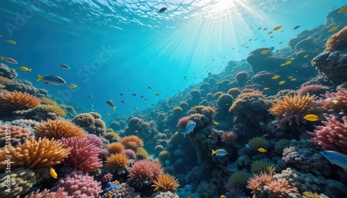 Oceanic Adventure  Explore a bustling coral reef through VR, light rays pierce through the water, showcasing marine biodiversity.
