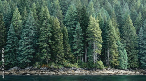 wide shot of a dense forest line along a shoreline  tall green conifers fill the image creating a continuous wall of foliage  the ground appears rocky and lightcolored beneath the trees