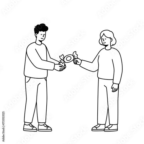 Two people exchanging candy – friendship and sharing sweets illustration
