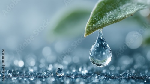 Water Drop Hanging From Leaf Tip, Symbolizing Purity and Environmental Awareness for Sustainability Campaigns : Generative AI