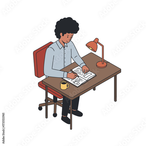 Person writing at desk with pen and paper – student study illustration concept