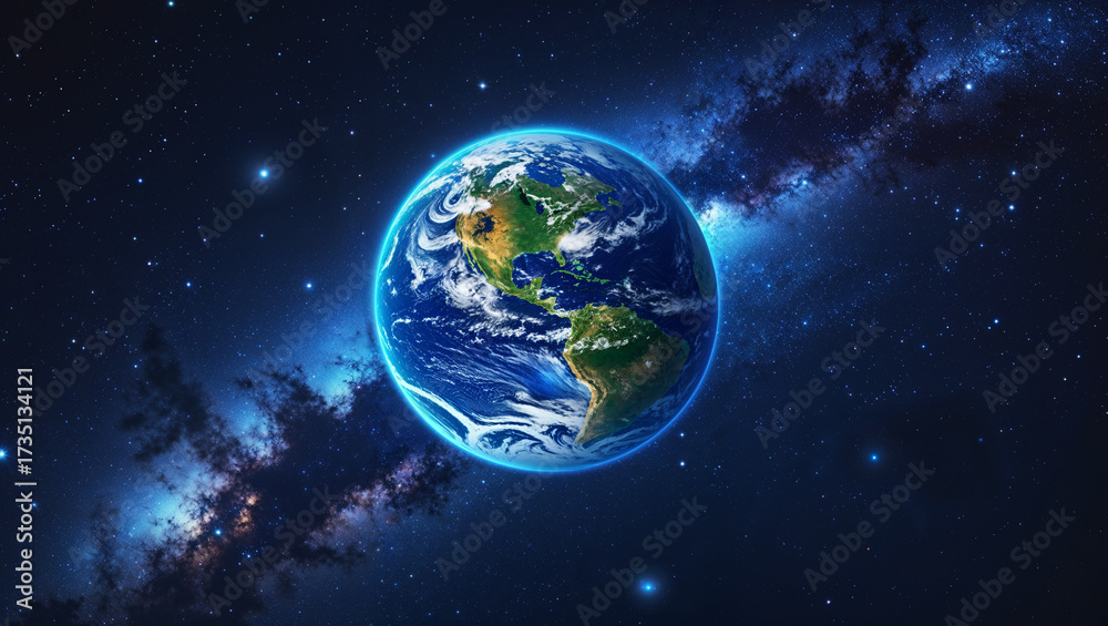 Obraz premium Earth from orbit with galaxy background, illustrating planetary science, space exploration, and cosmos.