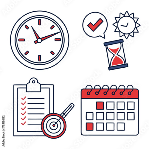 Icons for time management, planning, and business growth clock hourglass